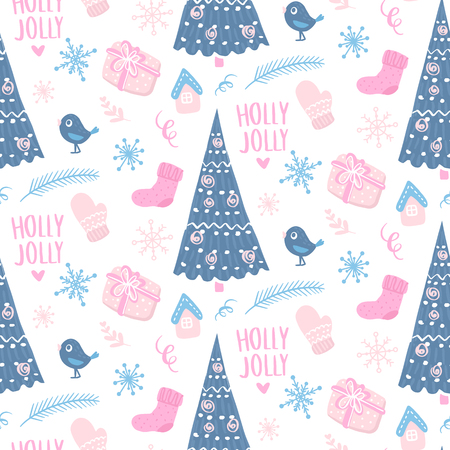 Vector winter seamless pattern. Cute background with holiday symbols. Cozy design. Decorative pattern for celebrating Merry Christmas and Happy New Year. Holly Jolly.のイラスト素材