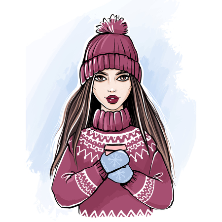 Romantic Winter Girl in Knitted Sweater and Hat Enjoying a Cup of coffee in Hands. Lovely Dreaming Woman. Hipster teenager. Fashion girl. Stylish illustration in sketch style.のイラスト素材