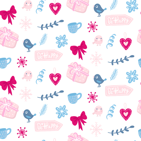 Vector winter seamless pattern. Cute background with holiday symbols. Cozy design. Decorative pattern for celebrating Merry Christmas and Happy New Year. You can use for wrapping paper, cards, fabricのイラスト素材