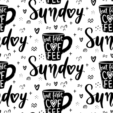 Seamless hand-drawn coffee pattern with lettering. Vector coffee cup background. Design for drink and beverage menu or cafe theme. Monday coffee.のイラスト素材