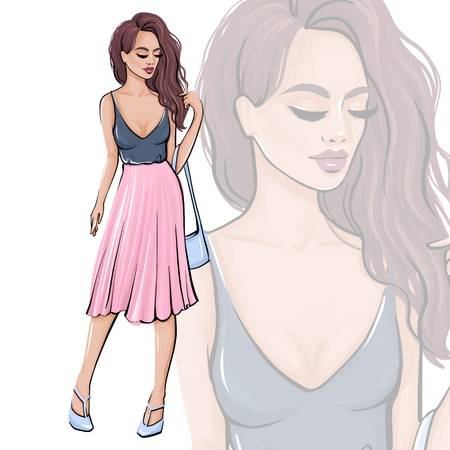 Stylish girl in fashion clothes. Hand drawn beautiful girl. Fashion woman. Sketch style. Vector illustration. Beautiful young brunette with long hair.のイラスト素材