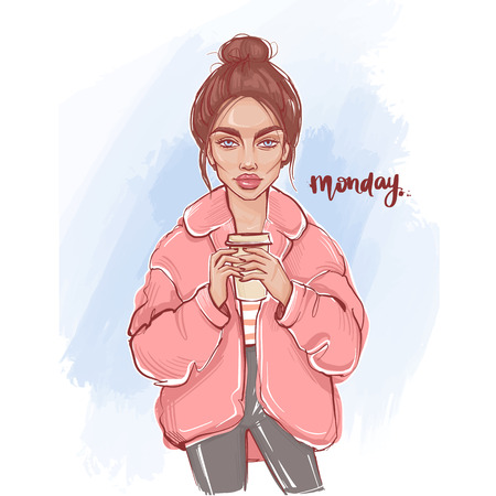 Vector fashion girl. Hand drawn cute girl with cup of coffee in her hands.のイラスト素材