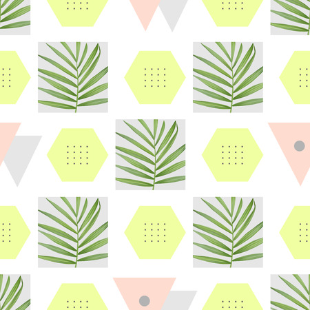 Vector fashion seamless pattern. Stylish geometric background with palm leavesのイラスト素材