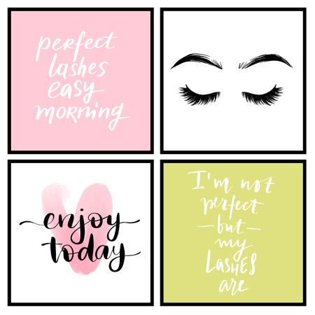 Vector fashion posters with positive quotes. Modern brush calligraphy. Motivation and inspiration quotes for girls room, cards, wall decoration. Home decor photo frame with inspirational phrases.のイラスト素材