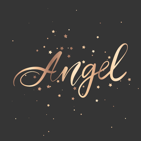 Angel - Vector hand drawn lettering phrase. Modern golden brush calligraphy for blogs, cards, posters and social media. Motivation and inspiration gold quote on dark background. Fashion saying.のイラスト素材