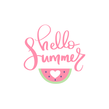 Hello Summer vector lettering. Handwritten calligraphy with watermelon. Trendy illustration. Colorful art for print design, greeting card, posters, party decorations.のイラスト素材