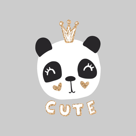 Cute princess panda vector illustration. Funny Cartoon animal character. Can be used for kids or babies t shirt design. Happy panda bear girl with golden glitter.のイラスト素材