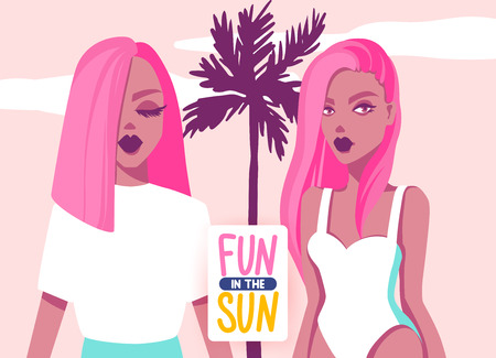 Vector illustration with beautiful girls. Flat style. Fashion portrait of a model. Minimalism colorful art. Young women with pink hair. Summer Girl in swimsuit.のイラスト素材