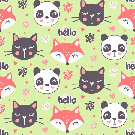Cute seamless pattern with fox, panda, cat. Vector cartoon animals background. Ideal for fabric, wallpaper, wrapping paper, textile, bedding, t-shirt printのイラスト素材