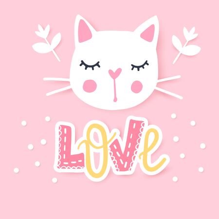 Cute cat vector illustration. Girly kittens. Fashion Cat's face. Cartoon animal. Kitty Baby girl. Funny character. Love hand drawn lettering.のイラスト素材