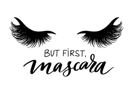 But first, mascara. Vector Handwritten Lashes quote and closed eyes with long black lashes.のイラスト素材