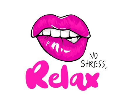 Sexy lips, bite ones lip. Lips Biting. Female lips with fuchsia lipstick.のイラスト素材