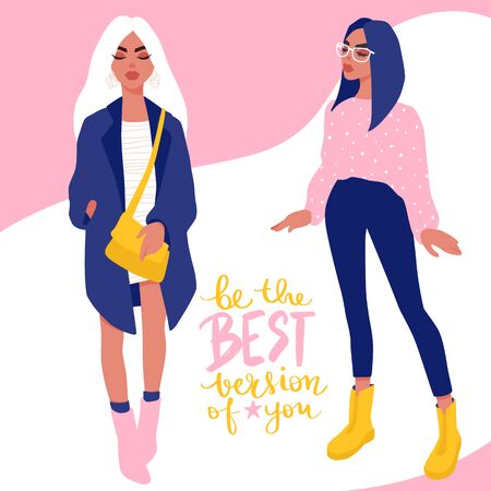 Young women vector set. Stylish girls in trendy clothes isolated on white background.のイラスト素材