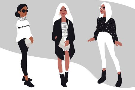 Young women vector set. Stylish girls in trendy clothes isolated on white background. Fashion teens. Colorful People illustration in flat style. Female cartoon characters.のイラスト素材