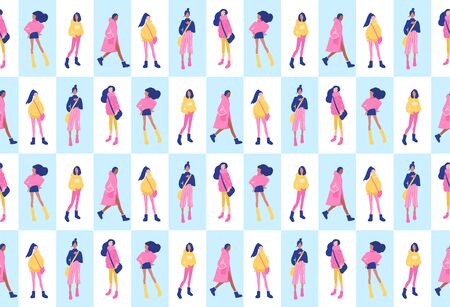 Vector seamless pattern with young women in modern style. Young People background.のイラスト素材