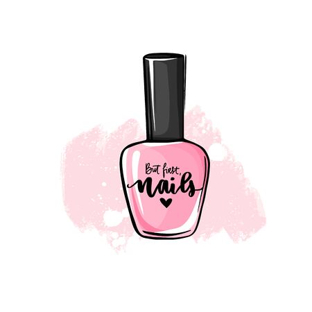 Vector nail polish bottle. Handwritten lettering about nails and manicureのイラスト素材