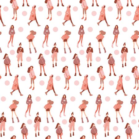 Vector seamless pattern with young women in modern style. Young People background.のイラスト素材