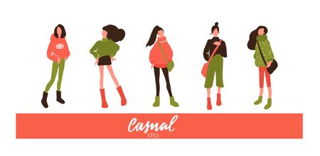 Vector women set in flat style. Girls illustration isolated on white background.のイラスト素材
