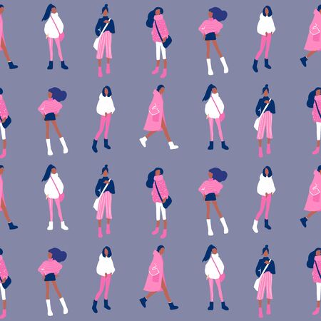Vector seamless pattern with young women in modern style. Young People background.のイラスト素材