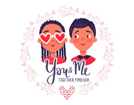Happy Valentines Day. Greeting Card with cute coupleのイラスト素材