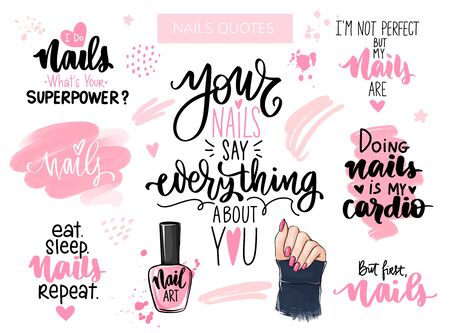 Nails and manicure set. Inspiration quote for nail bar, beauty salon, manicuristのイラスト素材