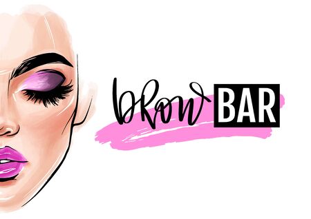 Brow bar logo. Vector beautiful woman face. Girl portrait with long black lashes, brows, sexy lipsのイラスト素材