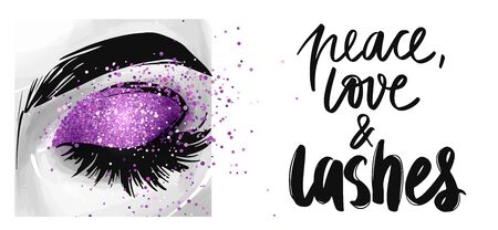 Closed eye with golden glitter eyeshadow and phrase But first, mascara.