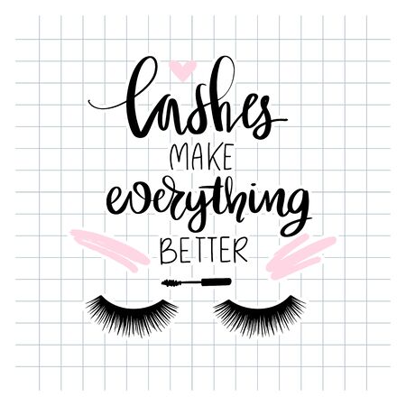Closed eyes with long black lashes. Calligraphy phrase for girls, woman, beauty salonのイラスト素材