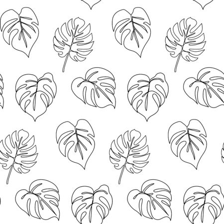 Continuous line monstera leaf. Tropical leaves contour drawingのイラスト素材