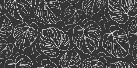 Continuous line monstera leaf. Tropical leaves contour drawingのイラスト素材