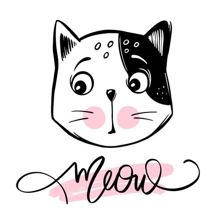 Vector cute cat illustration. Hand drawn Stylish kitten. Doodle Kitty. Cartoon animal isolated on white. Meow lettering. Funny character. Ideal for funny cards, kids print.のイラスト素材