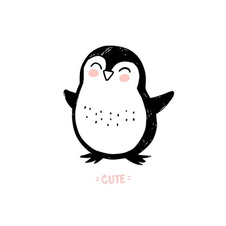 Hand drawn cute penguin isolated on white. Doodle cute animal illustration. Vector character. Can be used for kids or babies t-shirt design, room decoration.のイラスト素材