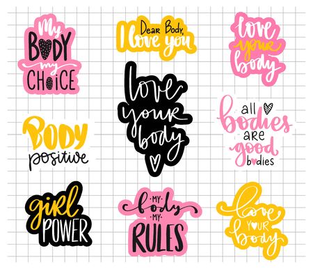 Body positive, feminism sticker collection. Love your body, girl power, my body my rules - activists slogan.のイラスト素材