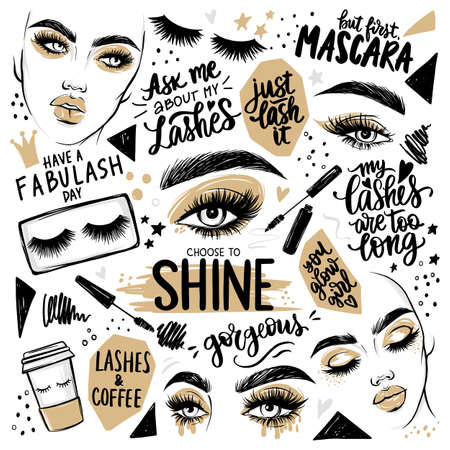 Golden Makeup set with woman portrait, girl faces, eyes with lashes, mascara, eyeshadow, brows and quotes about cosmetic.のイラスト素材