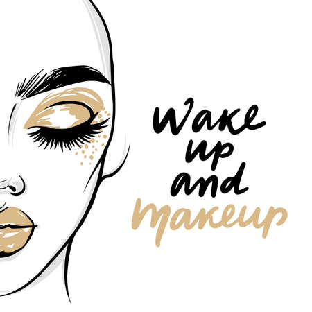 Vector fashion poster with quote - Wake up and makeup. Woman portrait with golden eyeshadow and lipstick.のイラスト素材
