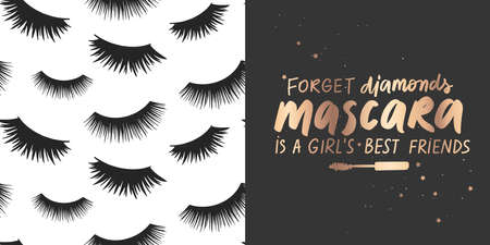 Golden Vector quote about mascara, lashes, makeup and seamless pattern. Fashion setのイラスト素材