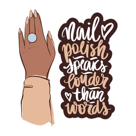 Vector Beautiful woman hands with nude nail polish and ring. Handwritten lettering about nails and manicure.のイラスト素材