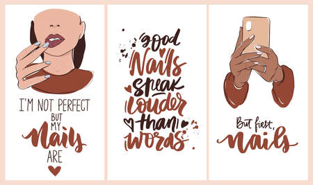 Nails and manicure set with woman hands, handwritten lettering phrases. Wallpaper for social media or networks stories backgrounds.のイラスト素材
