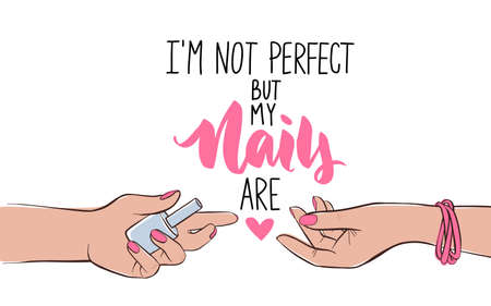Nails and manicure banner or poster illustration. Female hands with different skin colors. Pink nail polishのイラスト素材