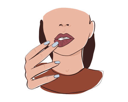 Beautiful woman face, hand with manicure nails and blue nail polish.のイラスト素材