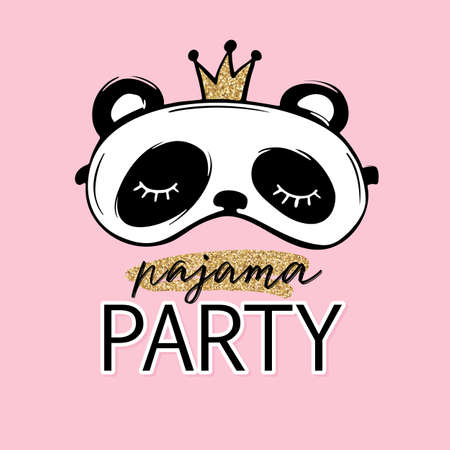Pajama party card. Cute panda with crown sleep mask. Blindfold Invitation Template, banner, t-shirt print. Golden glitter.のイラスト素材