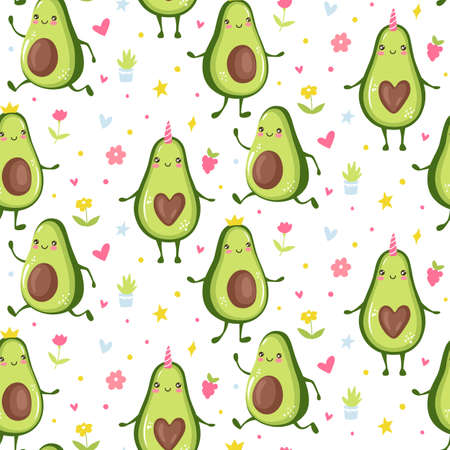 Cute avocado seamless patetrn. Cartoon funny background or print. Kawaii design. Vector Fruit illustration.のイラスト素材