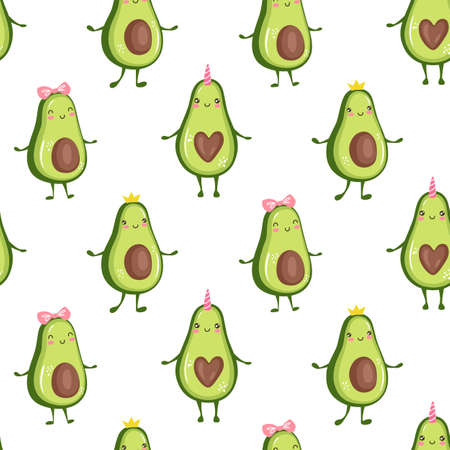 Cute avocado seamless patetrn. Cartoon funny background or print. Kawaii design. Vector Fruit illustration.のイラスト素材