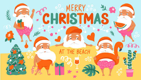 Summer Santa characters. Tropical Christmas and Happy New Year in a warm climate collection.のイラスト素材