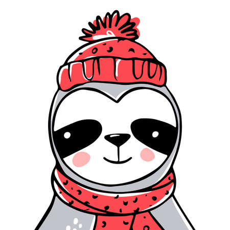Cute vector sloth bear with scarf and hat. Doodle, sketch style. Christmas greeting card. Animals funny character, lazy Xmasのイラスト素材
