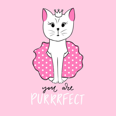 Vector cute princess cat illustration. Hand drawn Stylish kitten art. Doodle Kitty. Cartoon animal isolated on white. Funny character.のイラスト素材