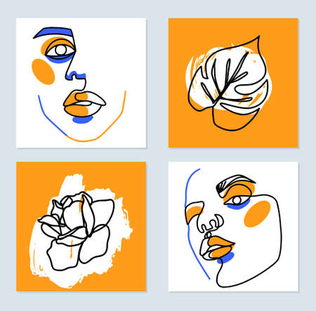 Surreal Face painting. One Line art posters. Female contour silhouette, rose, monstera leaf. Continuous drawing. Abstract woman Contemporary vector portraits.のイラスト素材