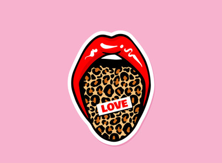 Leopard Tongue sticking out with love lettering inscription. Sexy Red lips vector illustration. Female Beautiful mouth. Contemporary trendy art styleのイラスト素材