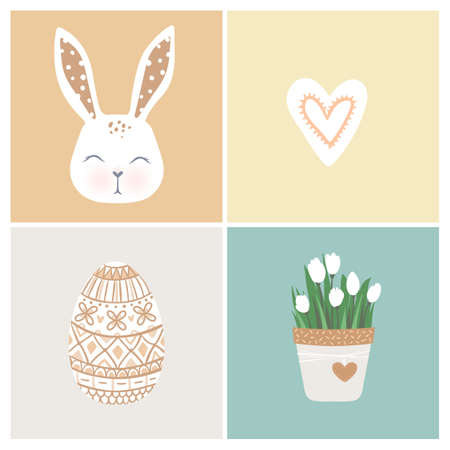 Vector Happy Easter vector cards with cute bunny, egg, flowers in a pot and heart. Cartoon spring design.のイラスト素材