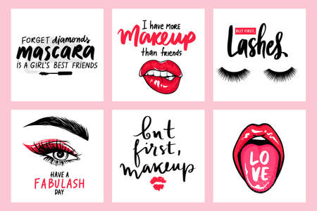 Lashes, mascara, makeup posters with red lips biting, tongue out and fashion quotes or phrases.のイラスト素材